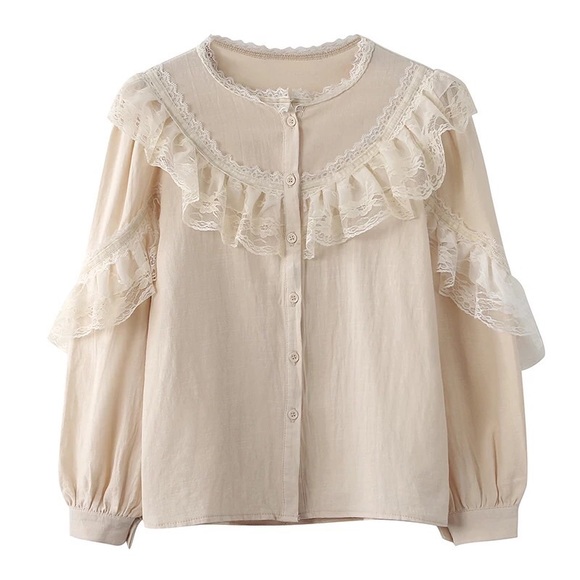 Lace blouse button shirt cream beige ruffle long sleeve  top womens - Picture 9 of 10